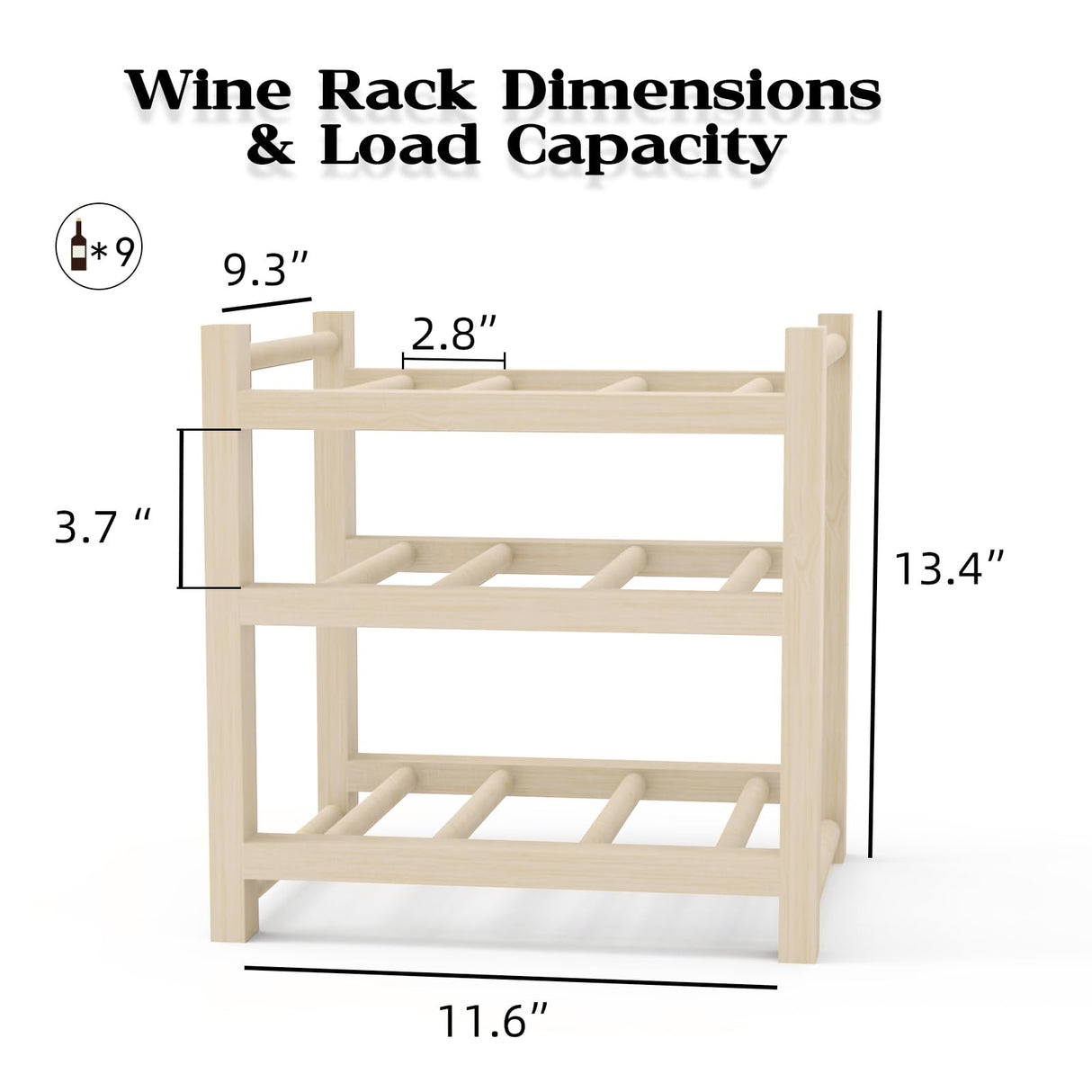 Solid Wood Wine Rack, HUTTEN 9-Bottle 3-Tier Wine Rack, Sturdy & Durable Wine Storage Cabinet Shelf, Wine Racks Countertop for Kitchen,Countertop,Table Top,Pantry, Home,Room Decor,Bar,Cellar Basement Haihomebest