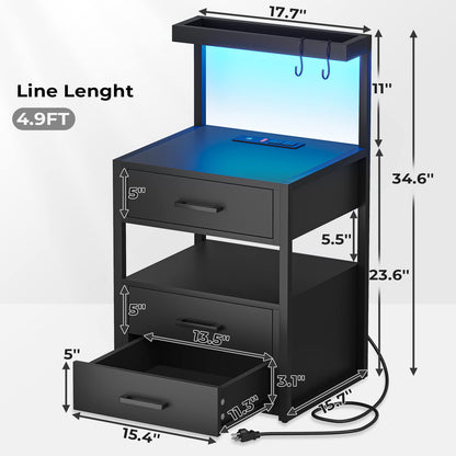 AOGLLATI Nightstand Set of 2 with Charging Station and LED Lights, Bedside Table with 3 Drawers and Open Storage Shelves, 2 USB Ports and 2 AC Outlets, LED Night Stand for Bedroom, 2 Pack, Bl - WoodArtSupply