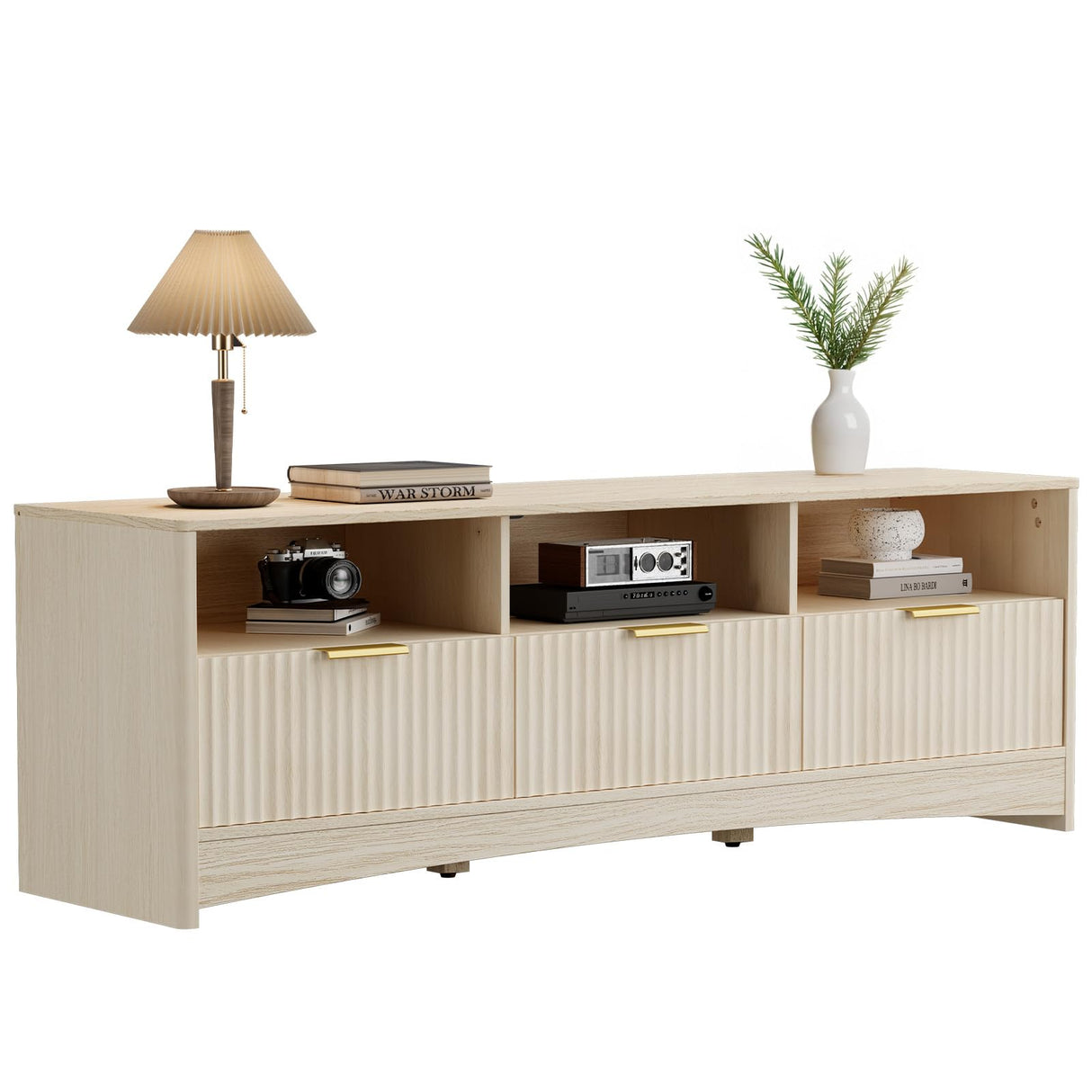 Marsail 59″ Wide TV Stand for TVs Up to 65″, Modern Entertainment Center with Fluted Panels, 3 Easy-Sliding Drawers, Open Shelves & Cable Hole, 3-Tier TV Stands for Living Room & Bedroom, Natural Oak Marsail