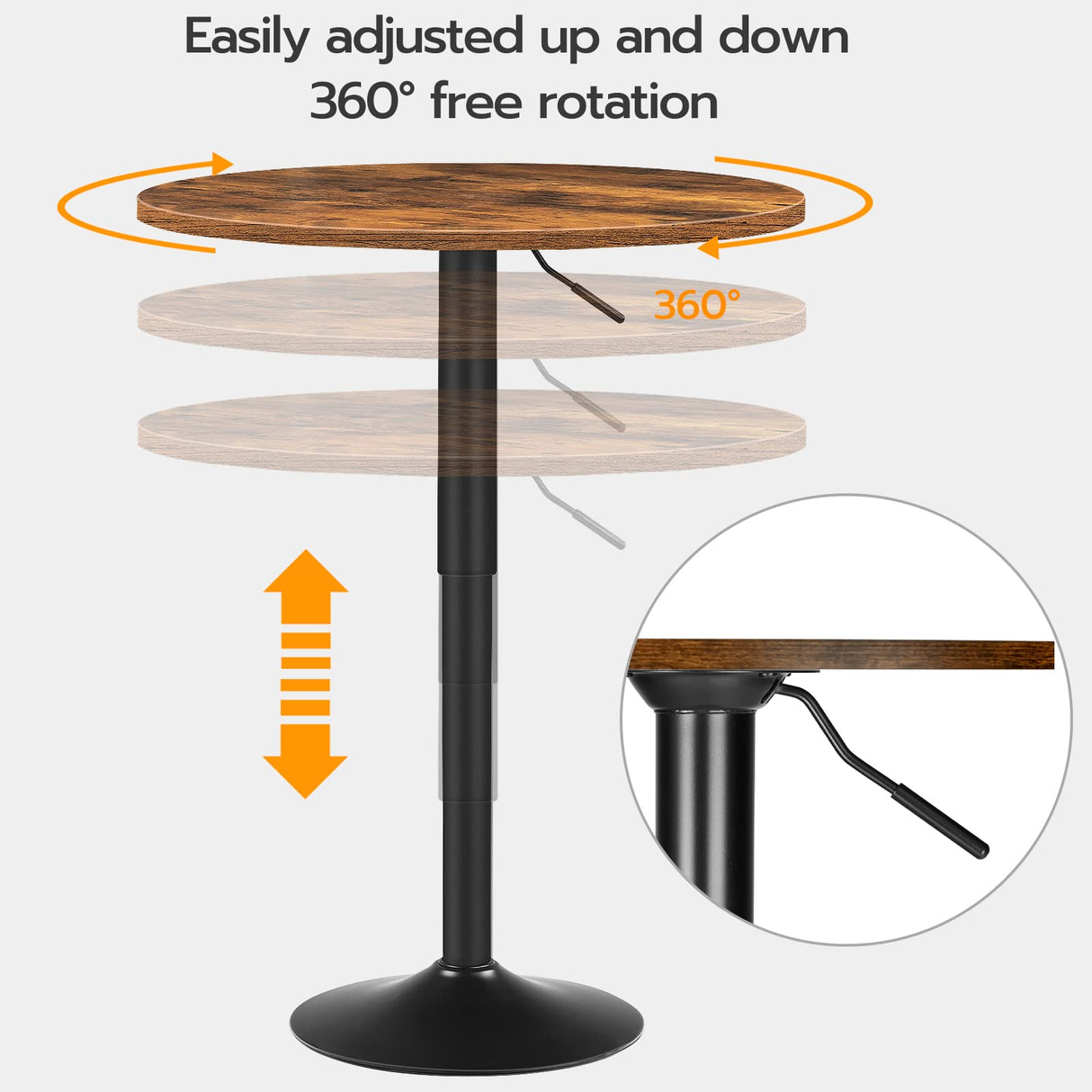 HOOBRO Height-Adjustable Round Bar Table in Rustic Brown - Modern Cocktail Table for Small Spaces HOOBRO