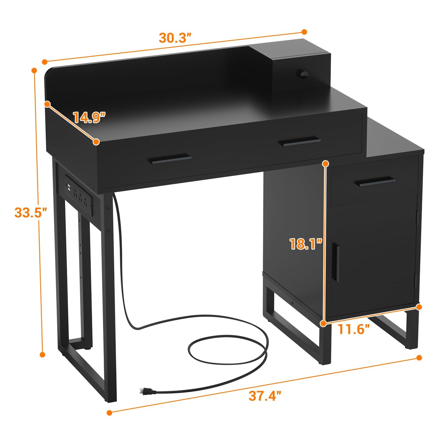 Vanity Desk with 4 Storage Drawers - Modern Makeup Vanity Table with Charging Station, Black Vanity Desk with Reversible Cabinet Dressing Table Set with Divided Organizers for Women Girls, Black