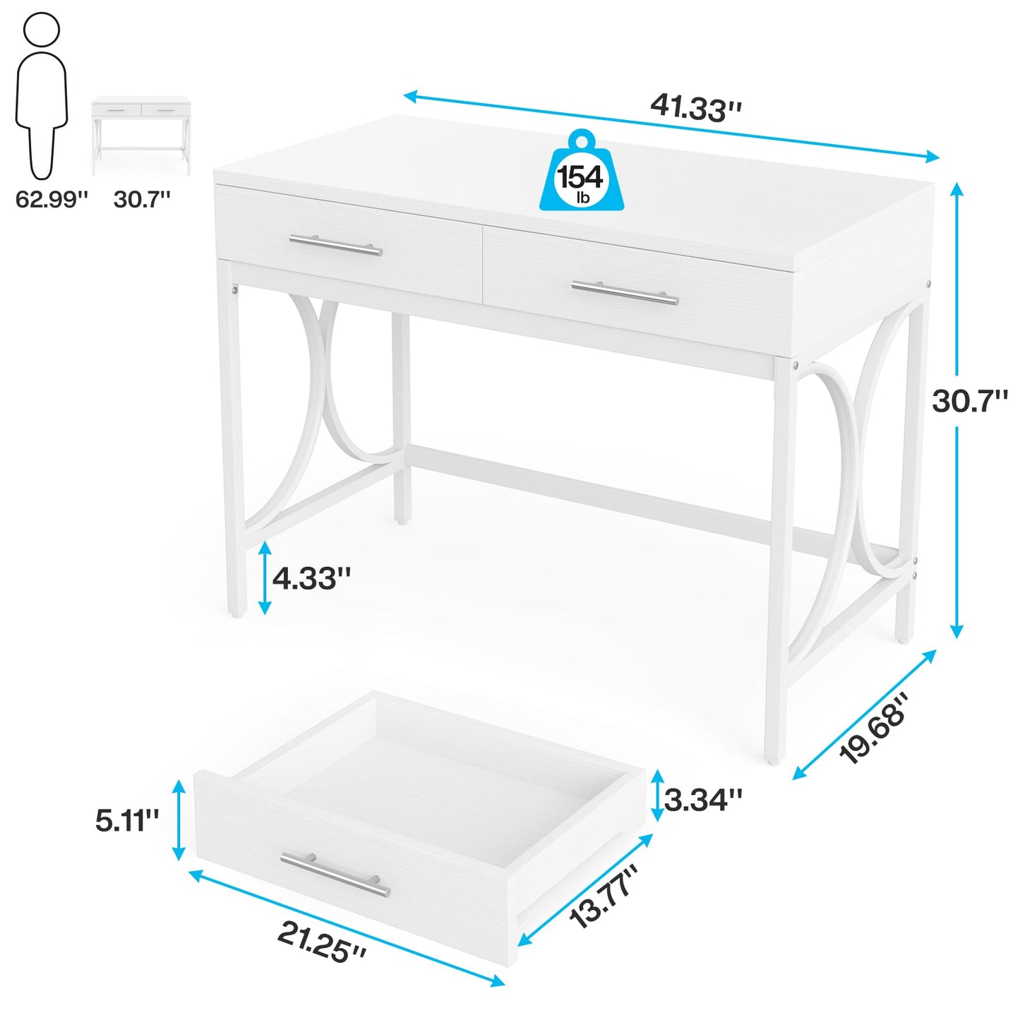 Tribesigns Modern Computer Desk with 2 Drawers, 41 Inches Study Writing Office Desk for Home Office, Bedroom, Makeup Vanity Table Desk with Metal Frame, White - WoodArtSupply