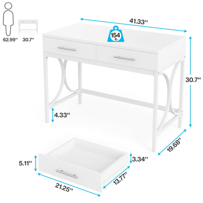 Tribesigns Modern Computer Desk with 2 Drawers, 41 Inches Study Writing Office Desk for Home Office, Bedroom, Makeup Vanity Table Desk with Metal Frame, White - WoodArtSupply