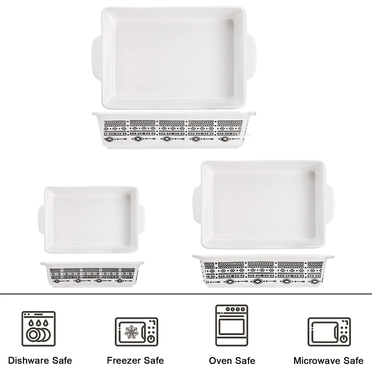 YOUEON Set of 3 Ceramic Baking Dish with Handles, Porcelain Bakeware Set with Boho Pattern, Casserole Dish, Lasagna Pans, Rectangular Baking Dish for Kitchen, Cooking, Cake Dinner Youeon