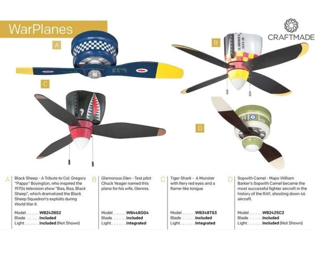 Craftmade Kids Ceiling Fan Boys WB348TS Tiger Shark Warplane With Light, 48-Inch 3 Blade Hugger Ceiling Fan Craftmade