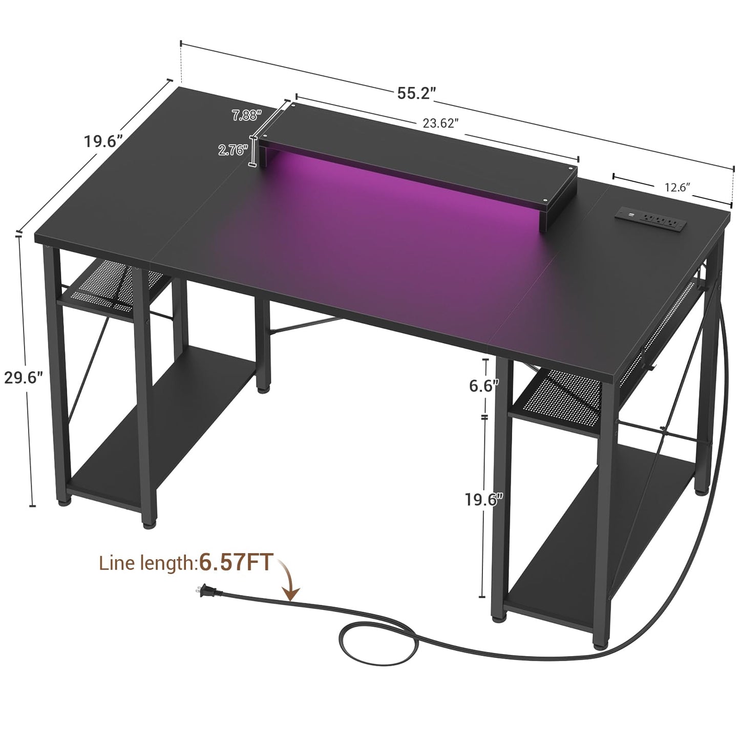 armocity Computer Desk with LED Lights, 55 Inch Desk with Power Outlet and USB, Reversible Large Desk with Moveable Monitor Stand, 55.2'' Gaming PC Table for Home Office, Workstation, Black - WoodArtSupply