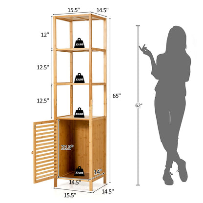 Giantex Bamboo Storage Cabinet, 4-Tier Slim Shelving Unit with Shutter Door & Anti-Toppling Device, Freestanding Tower Corner Rack Floor Cabinet for Bathroom, Living Room, Kitchen, Natural