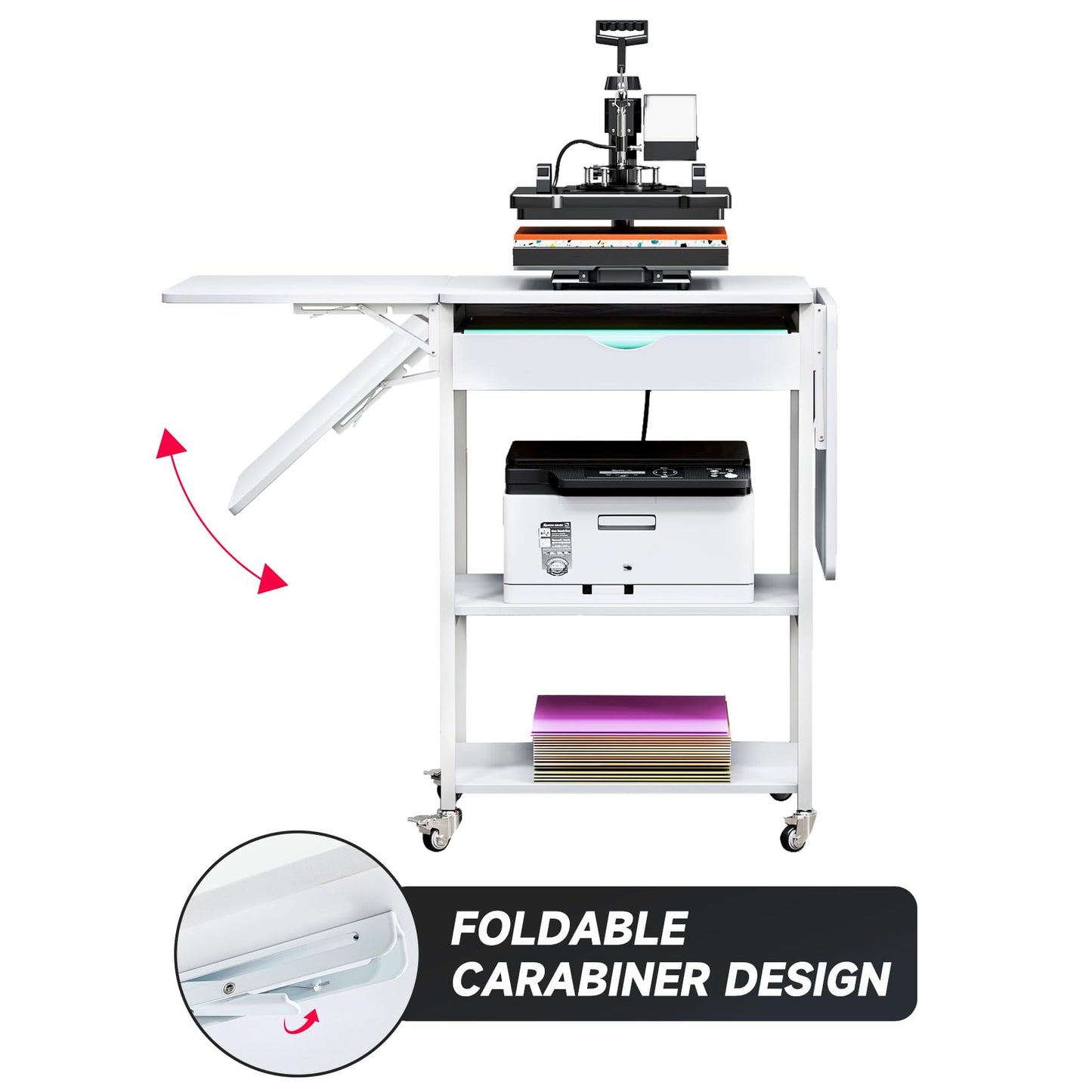 TC-HOMENY Movable 3 Tier Heat Press Table, Foldable Heat Transfer Machine Stand with Vinyl Roll Holder, Heat Press Table Cart Stand with Charging Station for DIY Sublimation Transfer Machine (White)