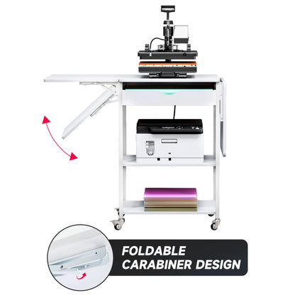 TC-HOMENY Movable 3 Tier Heat Press Table, Foldable Heat Transfer Machine Stand with Vinyl Roll Holder, Heat Press Table Cart Stand with Charging Station for DIY Sublimation Transfer Machine (White)