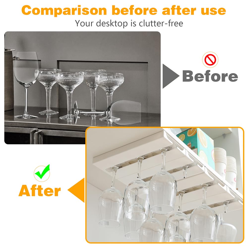 DESONAUT 4 Pcs Wine Glass Holder Under Shelf or Cabinet Punch-free,Stemware Rack Glassware Drying Storage Hanger for Kitchen,Bar and Restaurant (White) ﻿ DESONAUT