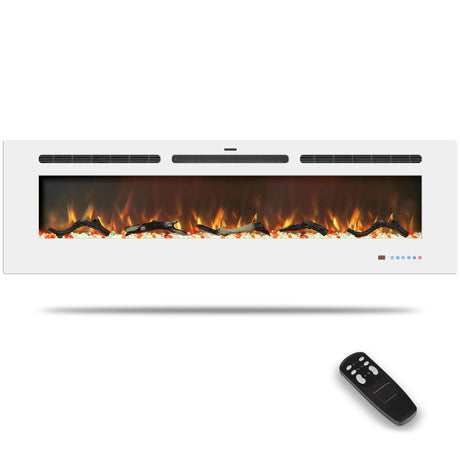 Kentsky 60 inches Electric Fireplace Inserts, Recessed and Wall Mounted Fireplace Heater, Linear Fireplace w/Thermostat, Touch Screen, Multicolor Flame, Timer, Log & Crystal, 750W/1500W, White Kentsky
