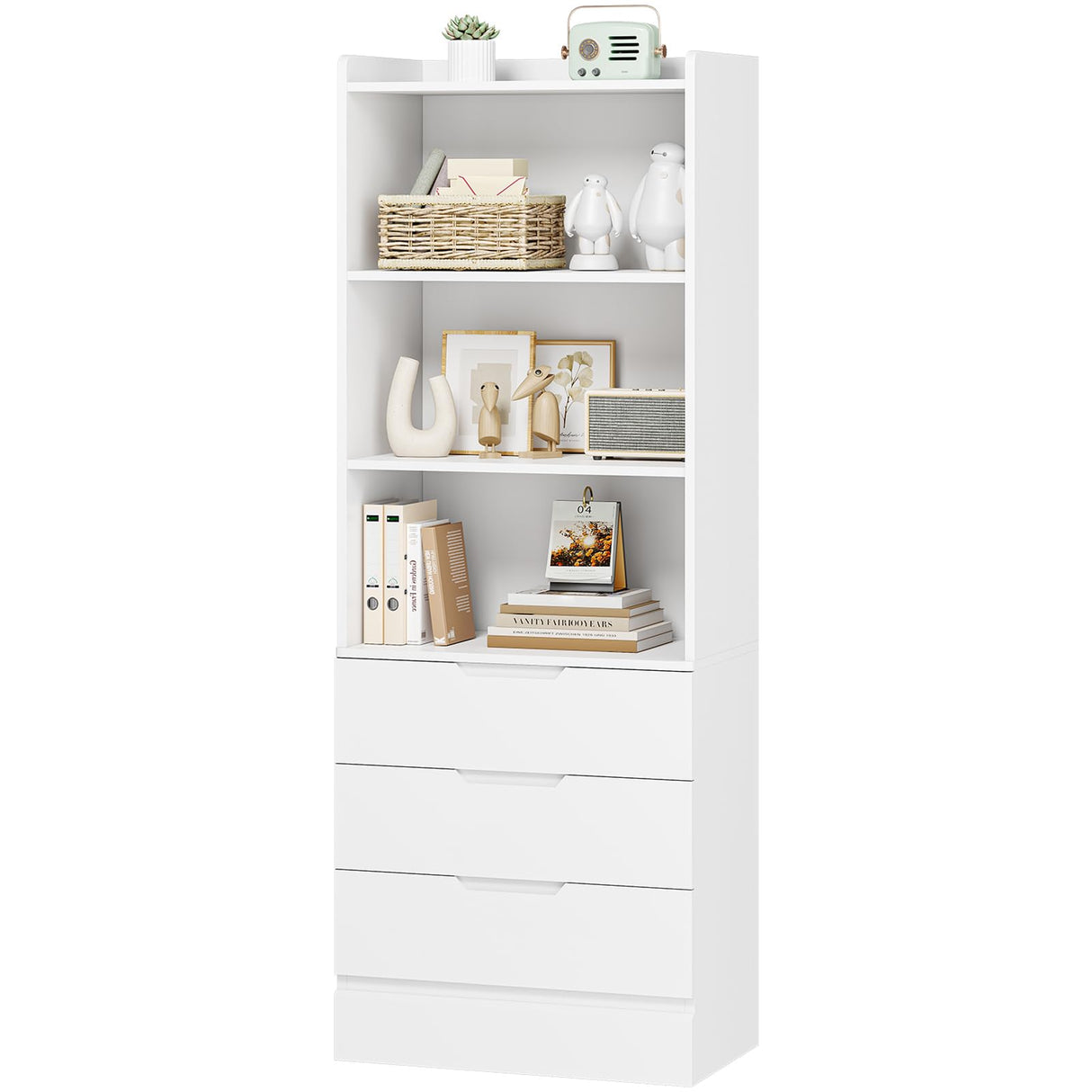 DICTAC 73.23'' Tall Storage Cabinet Bookcase with 3 Drawers and 3-Tier Open Shelves Wooden Bookshelf Kitchen Pantry Storage Organizer Cabinets for Living Room, Study, Kitchen,Bathroom,White DICTAC