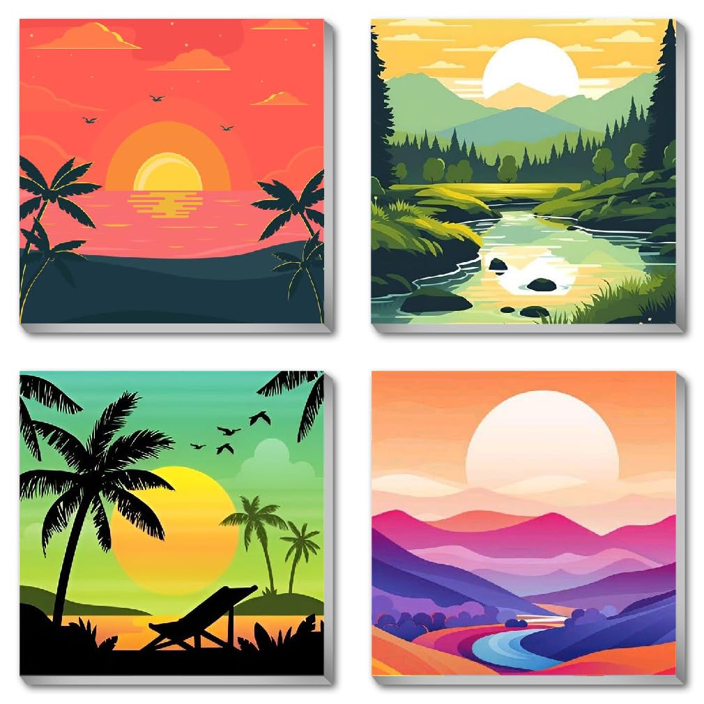 4 Framed Landscape DIY Paint by Numbers Kit for Adults Beginner,Sunset Easy Painting by Number with Canvas,Acrylic Paint Kit Arts and Crafts for Adults for Decor 8x8inch Canrichshop