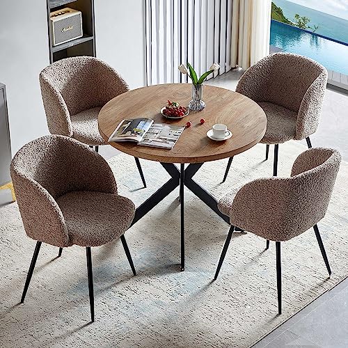 NORDICANA 5 Pieces 37-Inch Round Dining Table and Upholstered Chairs for Four Person, MDF Table-top, Light Brown Fuzzy Sherpa Armchairs with Black Metal Leg for Kitchen, Reception Room - WoodArtSupply