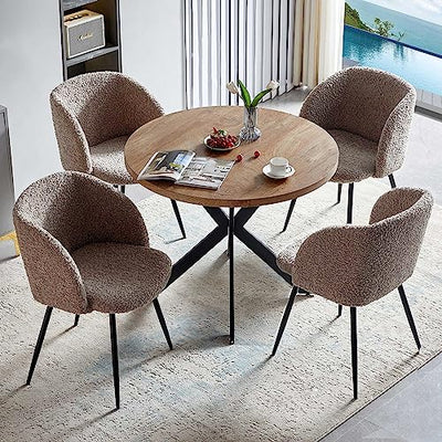 NORDICANA 5 Pieces 37-Inch Round Dining Table and Upholstered Chairs for Four Person, MDF Table-top, Light Brown Fuzzy Sherpa Armchairs with Black Metal Leg for Kitchen, Reception Room