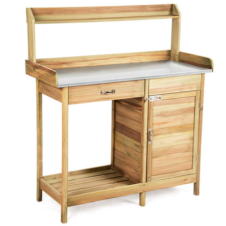 Giantex Potting Bench Table for Outside Natural Wood Garden Plant Lawn Patio Table Storage Shelf Metal Tabletop Outdoor Workstation Flower Pot Bench (Natural Fir w/Cabinet) Giantex