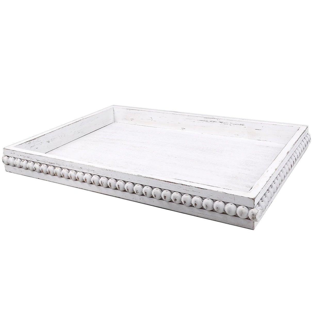 Hrastany Wood Decorative Coffee Table Serving Tray, Farmhouse Rectangular Tray with Wooden Bead for Ottoman, Entertaining, Home Decor, 15.7”*11.8”*1.57” (Whitewashed) Hrastany