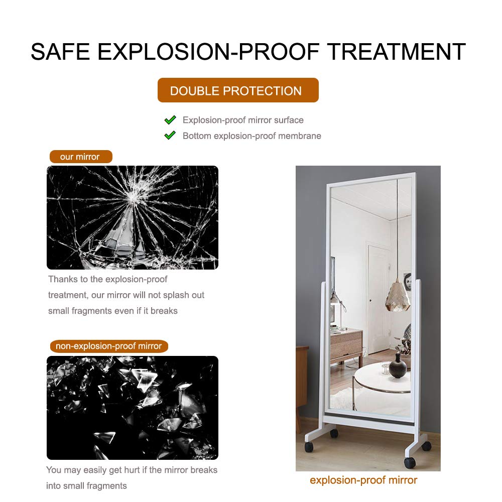 AISUNDY Swivel Adjustable Full Length Mirror on Wheels, Pine Wood Frame Cheval Bedroom Floor Mirror Dressing Mirror Body Mirror with Standing Holder (White, 65"x22") AISUNDY