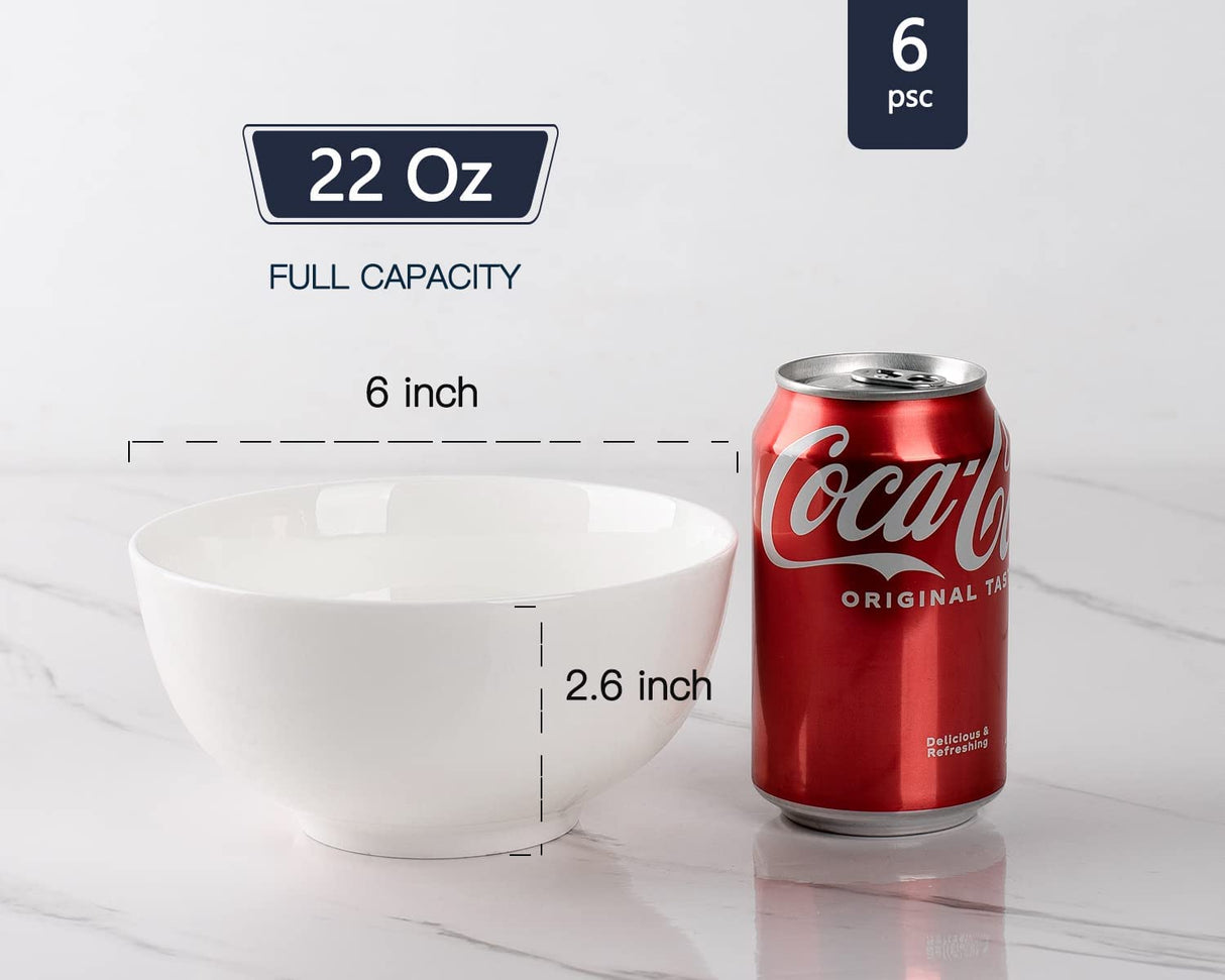 DELLING Ultra-Strong 22 Ounce Soup Bowls, Cereal Bowl, 6 inch Bowls Set, White Ceramic Bowls, White Bowls for Kitchen, Snack Rice Pasta Salad Oatmeal, Set of 6, Dishwasher & Microwave Safe DELLING