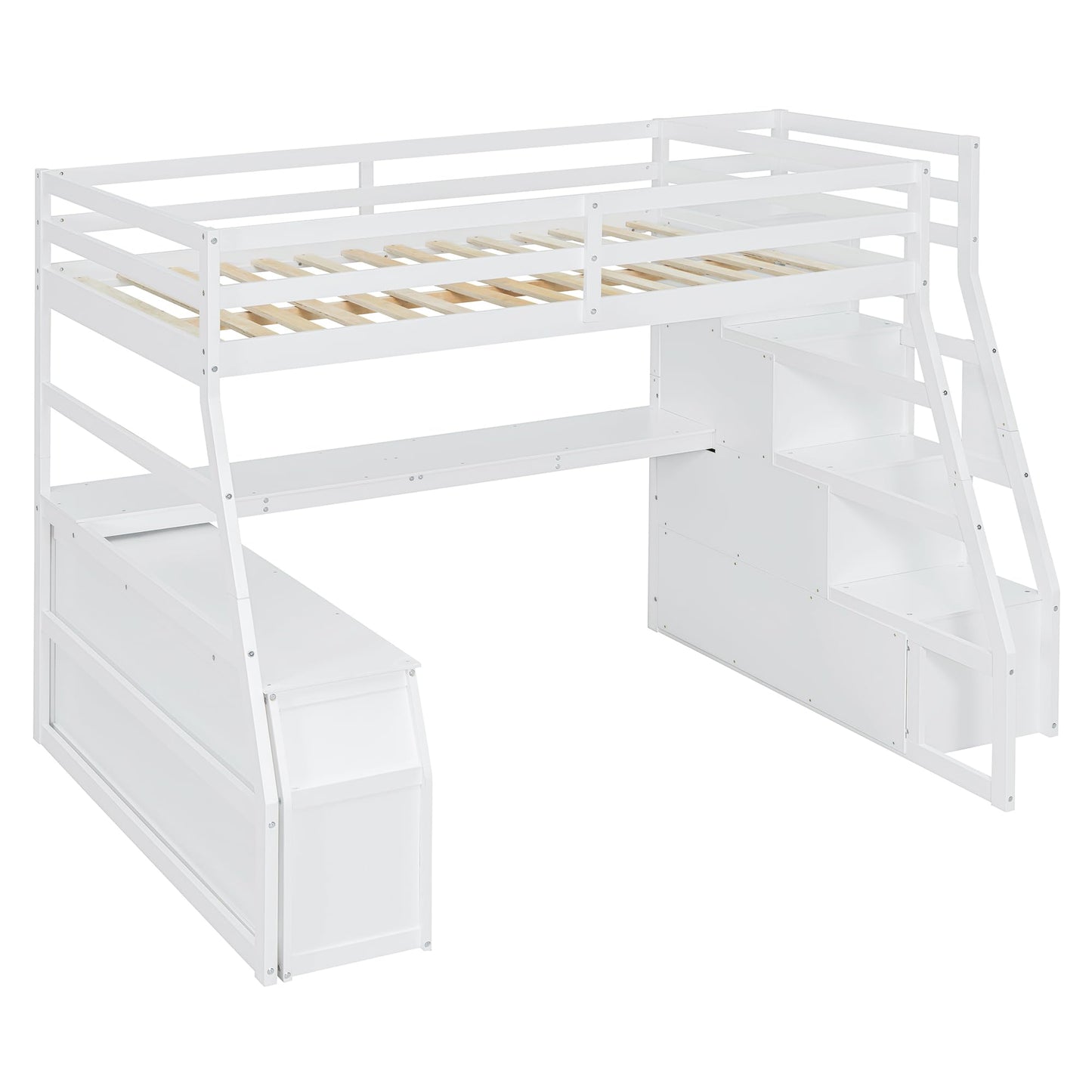 MERITLINE Full Size Loft Bed with Desk and Storage Stairs, Wood Loft Bed Full with 7 Drawers & 2 Shelve,High Loft Bed with Desk Underneath for Kids Teens Boys Girls,White