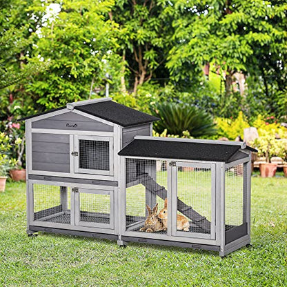 PawHut 62" Rabbit Hutch, Wooden Bunny Hutch, Guinea Pig Cage, Small Animal Enclosure with Wheels, Run Area, Removable Tray, Asphalt Roof, Lockable Doors and Ramp, Gray - WoodArtSupply