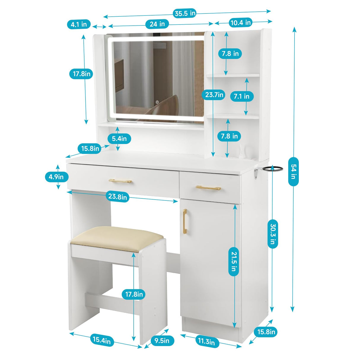 QUALIKRAFT Vanity Set, Vanity Desk with Mirror and Lights, Vanity Desk with Drawers, Vanity with Charging Station, Vanity with Chair, Vanity with Storage, White Vanity, Makeup Vanity，Bedroom Vanity QUALIKRAFT