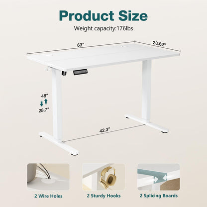 SMUG Standing Desk, Adjustable Height Electric Sit Stand Up Down Computer Table, 63x24 Inch Ergonomic Rising Desks for Work Office Home, Modern Gaming Desktop Workstation, White - WoodArtSupply