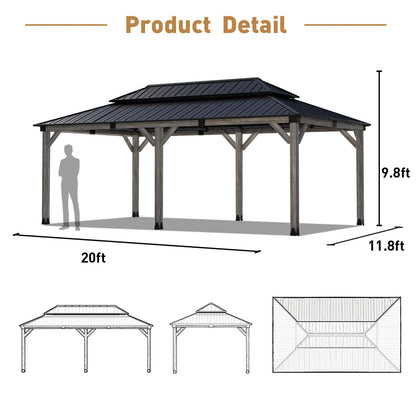 COSIEST 12' X 20' Cedar Wood Gazebo, Outdoor Wooden Gazebo with Double Metal Roof, Netting & Curtains, Hardtop Gazebo for Patio Garden Backyard Pavilion, Grey - WoodArtSupply