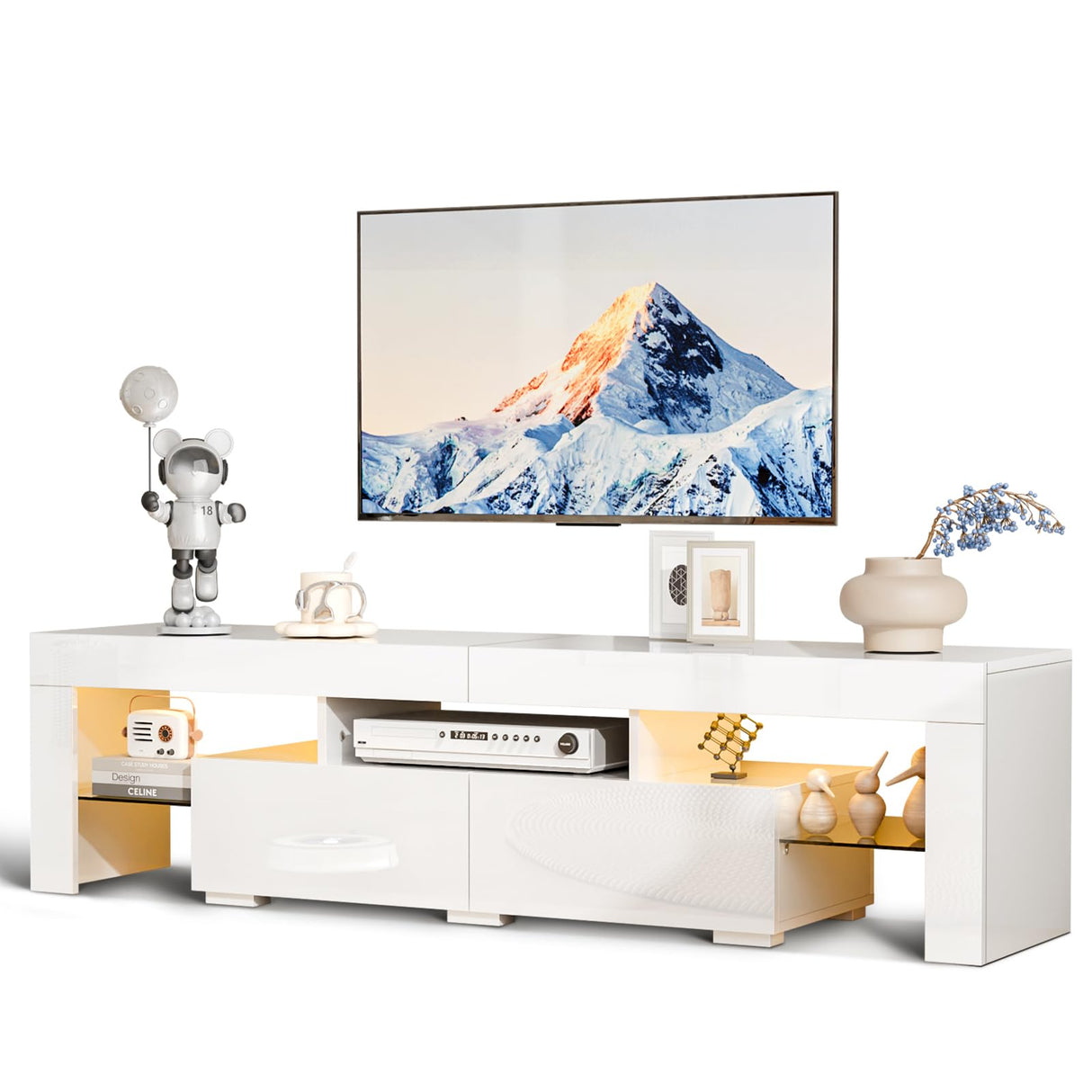 VINGLI LED TV Stand, 63'' High Glossy Modern Entertainment Center with LED Lights and Storage for 55/60/65/70 Inch TV (White, 63'' x 14'' x 18'') VINGLI