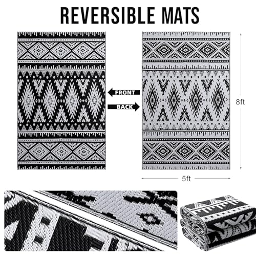 OLANLY Outdoor Rug Waterproof 5x8 ft, Reversible Outdoor Plastic Straw Rug, Boho Patio Rug, Indoor Outdoor Carpet, RV Mat Outside for Patio, Camp, Picnic, Balcony, Deck, Backyard, Black & White OLANLY