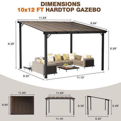 EBE 12' x 10' Gazebo, Wall Mounted Gazebo Pergola on Clearance, Hardtop Lean to Gazebo Awning with Sloped Roof, for Patio, Porch, Deck