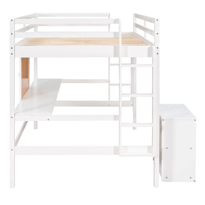 DEYOBED White Twin Loft Bed Frame with Desk, Cabinet, and Writing Board for Kids and Teens - WoodArtSupply