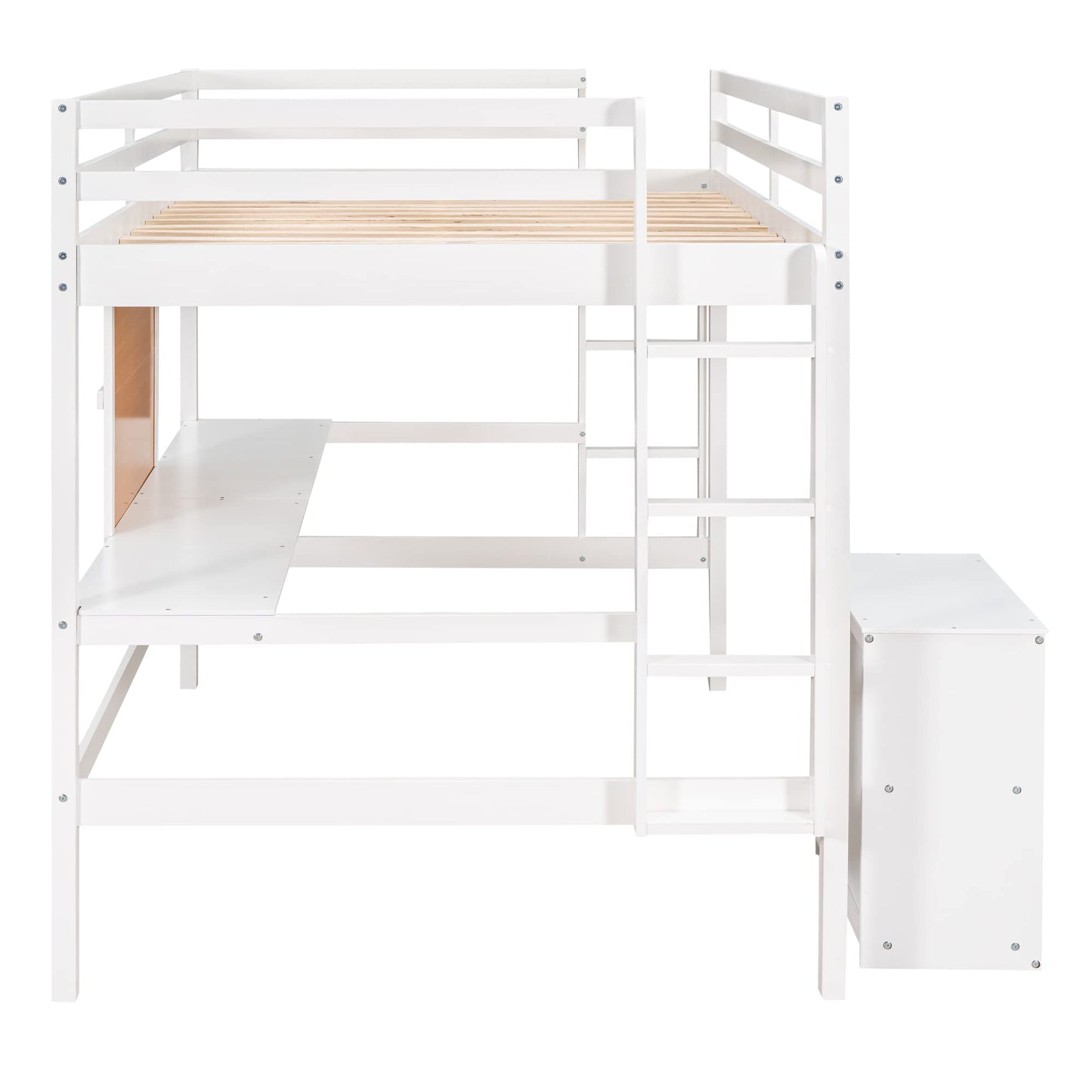 Merax Full Size Wooden Loft Bed with Desk, Storage Cabinet, Writing Board & Dual Ladders - Space-Saving Design for Teens and Adults - WoodArtSupply