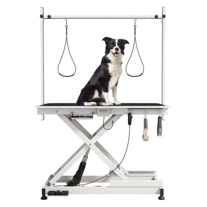 49.6” Electric Lift Pet Grooming Table | Adjustable Height | Heavy Duty Design | Overhead Arm | Non-slip Surface | Professional Grade | Ideal for Dogs & Cats | Black & White Available (WHITE)