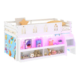 JOYMOR Low Loft Bed with LED Lights, Twin Loft Bed with Stairs, Safety Guardrail, Curtain, Wooden Bed Frame for Kids with Storage Bookcase and Under-Bed Play Space (White) JOYMOR
