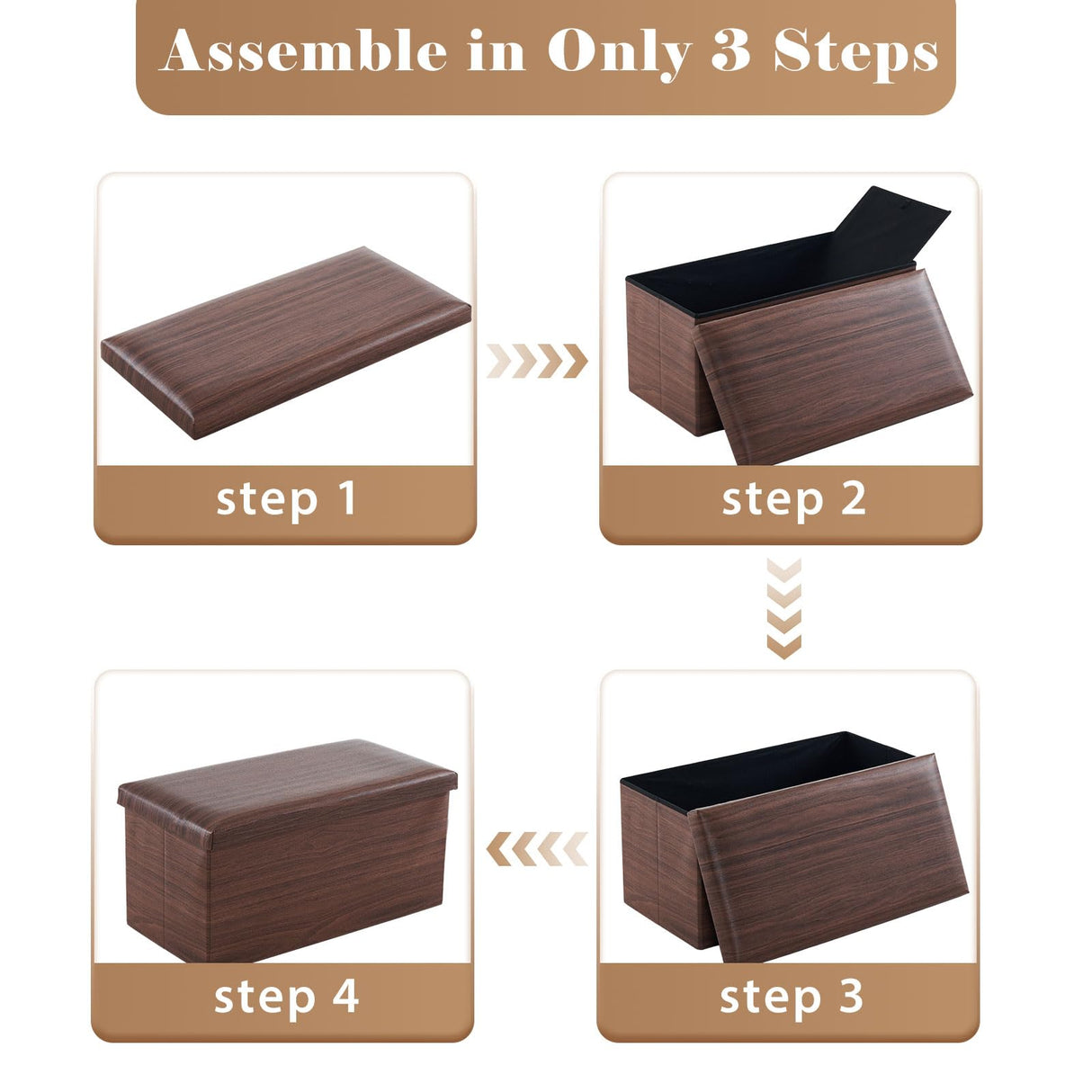 YOUDENOVA 30 inches Folding Storage Ottoman Bench, 80L Storage Bench for Bedroom and Hallway, Faux Leather Brown Footrest with Foam Padded Seat, Support 350lbs, Wood Grain Brown YOUDENOVA