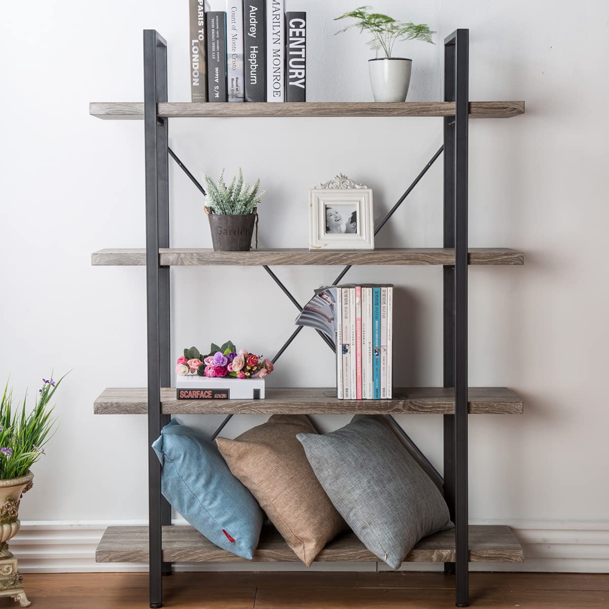 HSH 4-Shelf Vintage Industrial Bookshelf, Rustic Gray Wood and Metal 4 Tier Bookcase, Open Wide Etagere Book Shelf for Home Office Livingroom Bedroom Dispaly, Light Grey Oak HSH