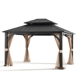 Sunjoy Hardtop Gazebo 13 x 15 ft. Outdoor Patio Steel Frame Gazebo with 2-Tier Metal Roof and Mesh Netting, Black Sunjoy