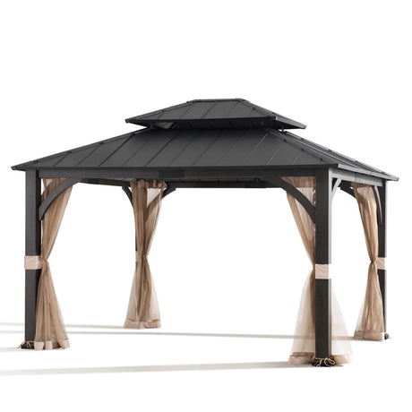 Sunjoy Hardtop Gazebo 13 x 15 ft. Outdoor Patio Steel Frame Gazebo with 2-Tier Metal Roof and Mesh Netting, Black Sunjoy