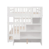 Harper & Bright Designs Full Over Full Bunk Beds with Twin Size Trundle and Stairs, Wood Bunk Bed with Storage Shelves and Guard Rail, Full Size Bunk Bed Frame for Kids, Teens, Adults (Full, White) Harper & Bright Designs
