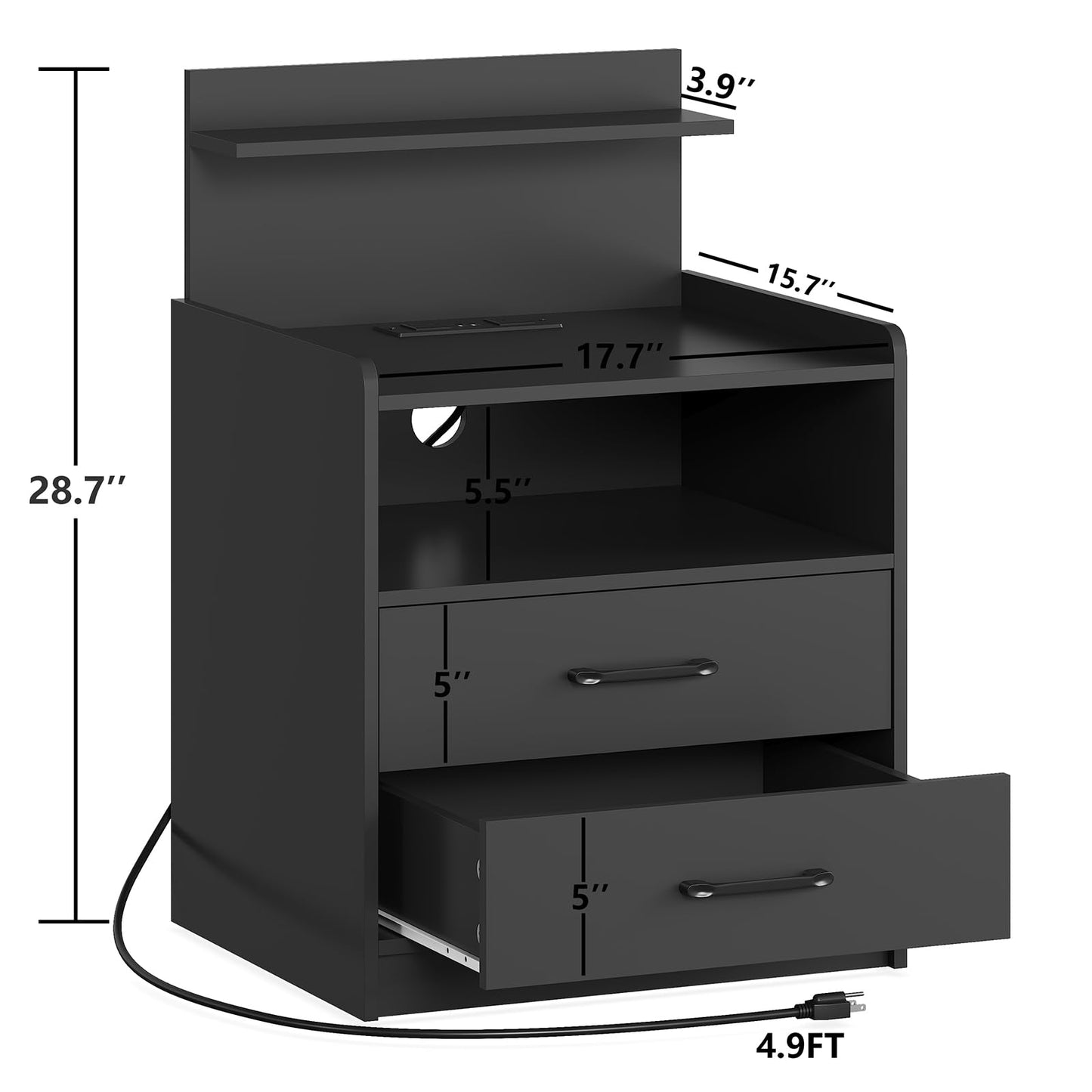 LED Nightstand with Charging Station, Night Stand with 2 Drawers and Open Storage, Bedside Table with LED Lights, Modern End Table with USB Ports Outlets, Black - WoodArtSupply