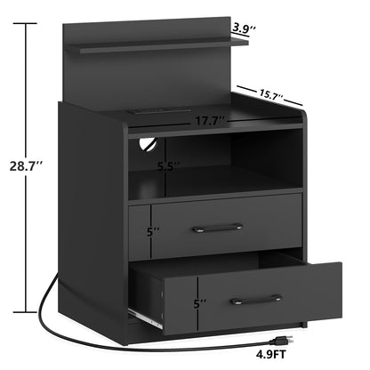 LED Nightstand with Charging Station, Night Stand with 2 Drawers and Open Storage, Bedside Table with LED Lights, Modern End Table with USB Ports Outlets, Black - WoodArtSupply