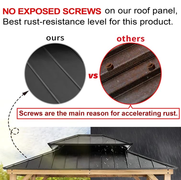 Warmally 11' x 13' Solid Wood Gazebo, Outdoor Cedar Framed Gazebo, Pavilion with Black Steel Hardtop for Patio, Deck, Garden, Backyard, Lawn Warmally