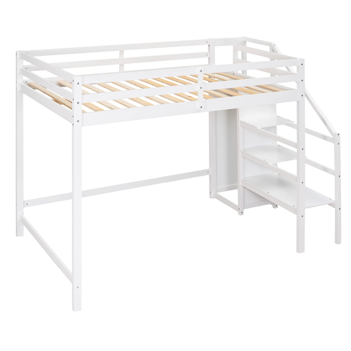 Harper & Bright Designs White Full Loft Bed with Storage Staircase and Wardrobe for Kids - WoodArtSupply