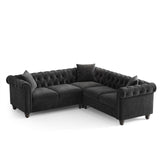 ONBRILL Chesterfield L Shaped Sofa, Velvet Sectional Couches for Living Room, Tufted Corner Couch with Rolled Arms, 3 Throw Pillows, Comfy L Shaped Sectional Sofa for Apartment, Black ONBRILL