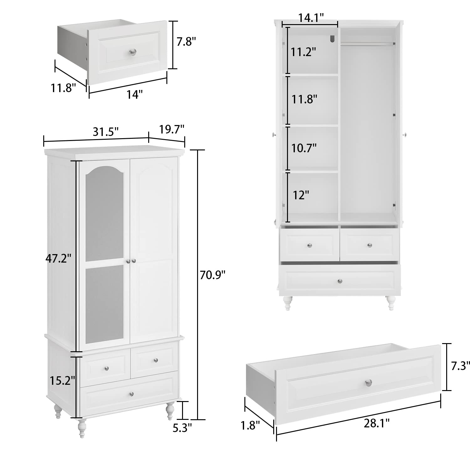 Homsee Wardrobe Armoire Wooden Closet with Mirror, 2 Doors, 3 Drawers, 4-Tier Storage Cubes and Hanging Rod for Bedroom, White (31.5”L x 19.7”W x 70.9”H) - WoodArtSupply