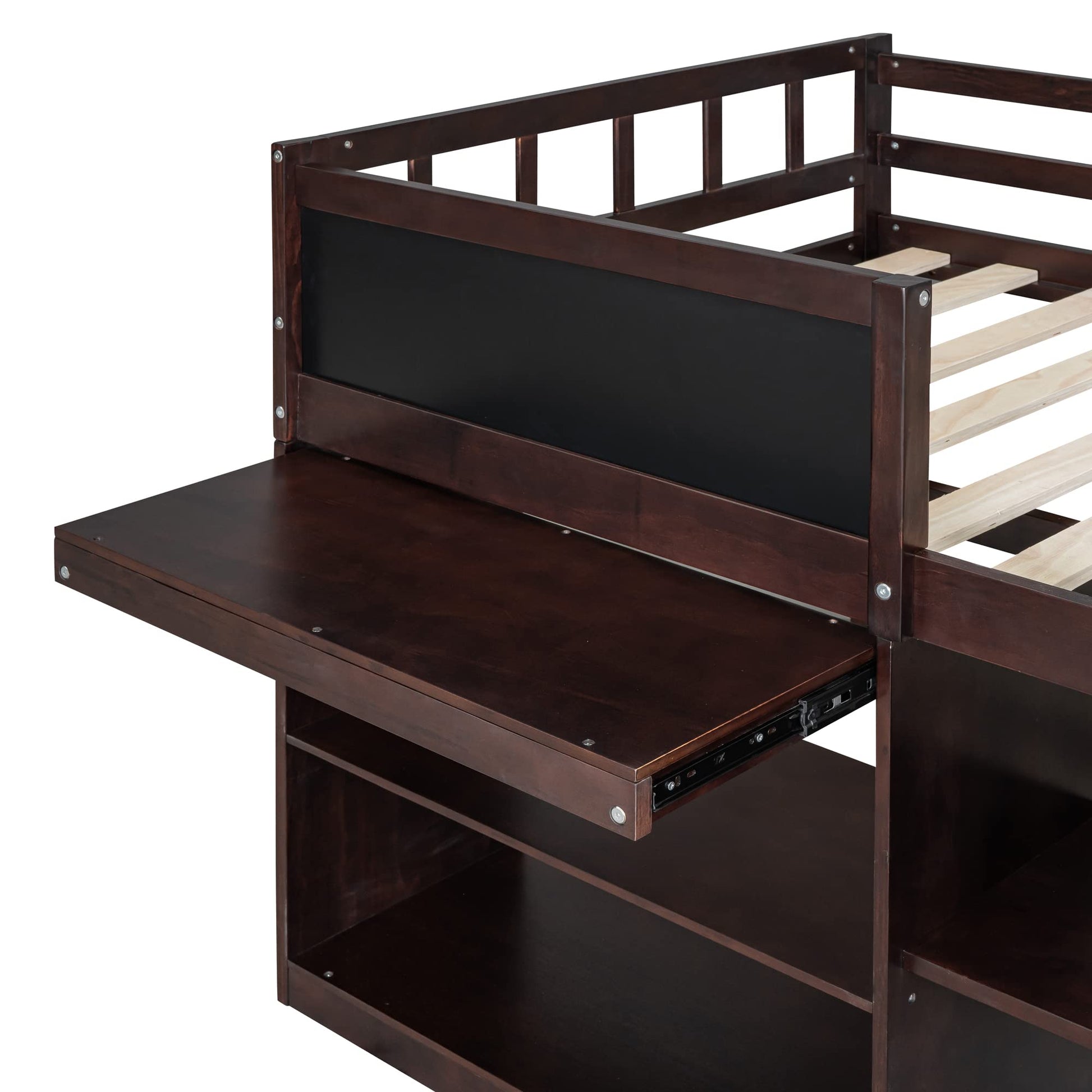 Merax Espresso Twin Low Loft Bed with Storage and Rolling Desk - WoodArtSupply