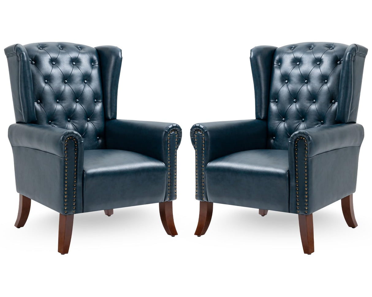 LOVSPATIO PU Leather Accent Chair Set of 2, Modern Upholstered Living Room Chair Sofa Chair with Wooden Legs, Wingback Armchair Club Chair for Bedroom,Study Room, Lounge (Dark Blue) LOVSPATIO