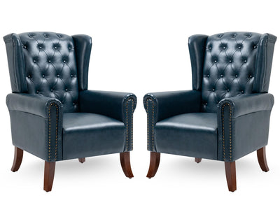 LOVSPATIO PU Leather Accent Chair Set of 2, Modern Upholstered Living Room Chair Sofa Chair with Wooden Legs, Wingback Armchair Club Chair for Bedroom,Study Room, Lounge (Dark Blue)