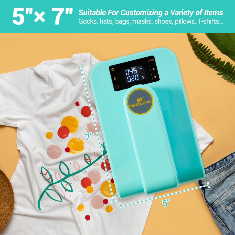 MECOLOUR Heat Press Machine for T-Shirts(5x7 In), Portable Heat Press Used to Sublimation and HTV Vinyl with Precise Temp Control, Max Temp 410℉/210 ℃, for Hat, Bag, Pillows, Heating Transfer Projects MECOLOUR